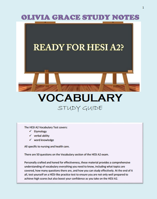 Enhance your exam preparation with our comprehensive HESI A2 VOCABULARY MASTERY available at OLIVIA GRACE STUDY NOTES. Perfect for students seeking top grades. Visit oliviagracestudynotes.com to purchase and download now!