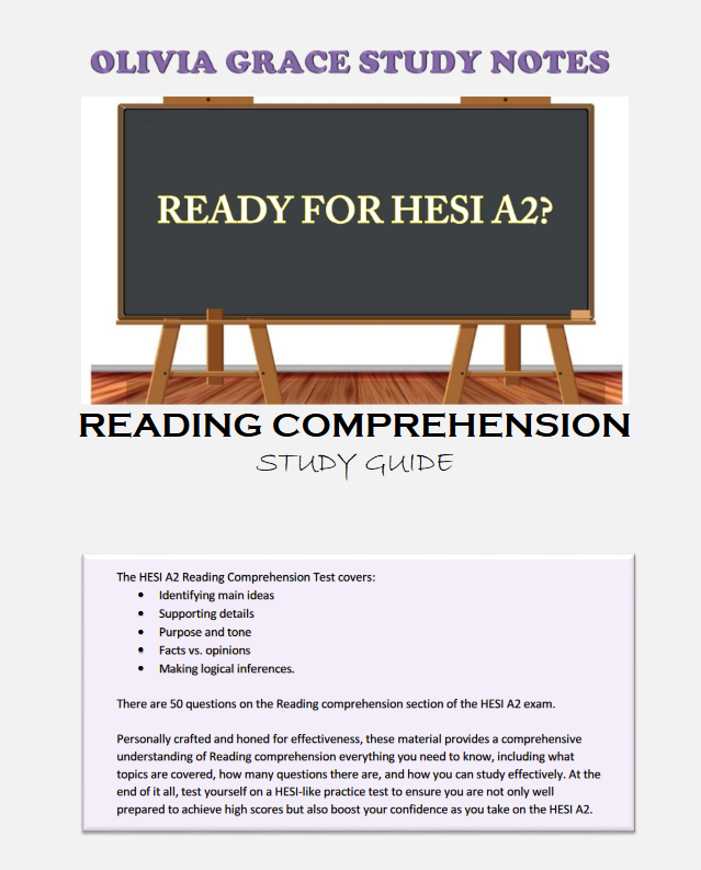 Enhance your exam preparation with our comprehensive HESI A2 READING COMPREHENSION MASTERY available at OLIVIA GRACE STUDY NOTES. Perfect for students seeking top grades. Visit oliviagracestudynotes.com to purchase and download now!