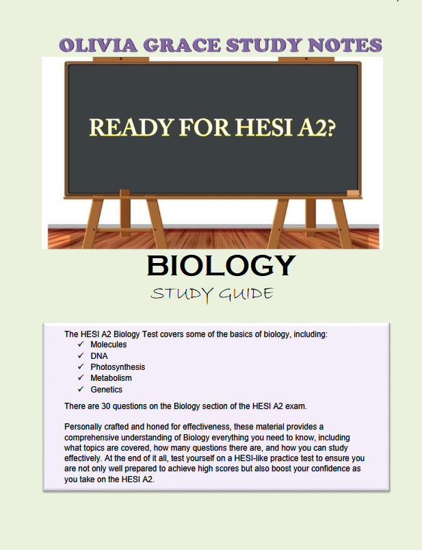 Enhance your exam preparation with our comprehensive HESI A2 BIOLOGY MASTERY available at OLIVIA GRACE STUDY NOTES. Perfect for students seeking top grades. Visit oliviagracestudynotes.com to purchase and download now!