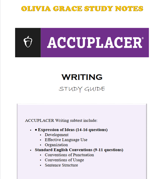 Enhance your exam preparation with our comprehensive ACCUPLACER WRITING TEST BANK available at OLIVIA GRACE STUDY NOTES. Perfect for students seeking top grades. Visit oliviagracestudynotes.com to purchase and download now!