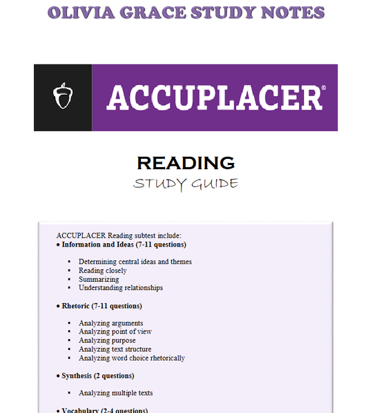 Enhance your exam preparation with our comprehensive ACCUPLACER READING TESTBANK available at OLIVIA GRACE STUDY NOTES. Perfect for students seeking top grades. Visit oliviagracestudynotes.com to purchase and download now!