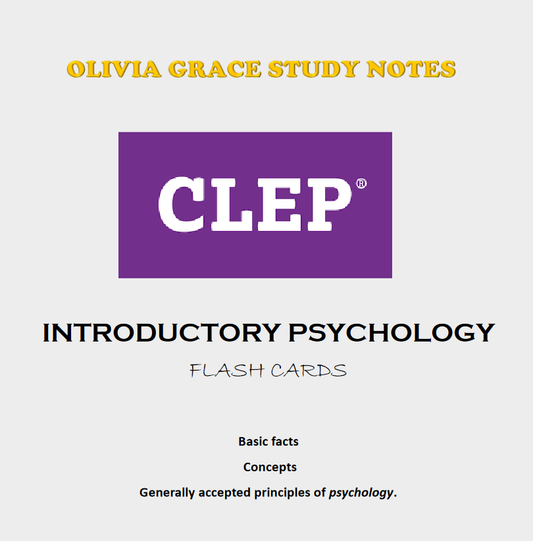 Enhance your exam preparation with our comprehensive CLEP INTRODUCTORY PSYCHOLOGY FLASHCARDS available at OLIVIA GRACE STUDY NOTES. Perfect for students seeking top grades. Visit oliviagracestudynotes.com to purchase and download now!