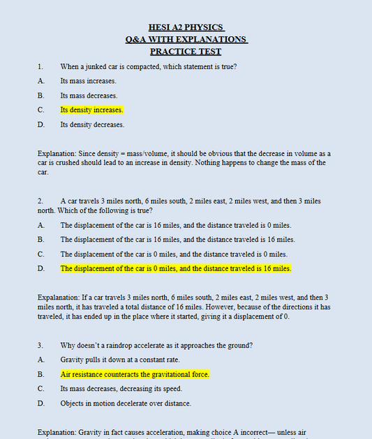 Enhance your exam preparation with our comprehensive HESI A2 PHYSICS Q&A available at OLIVIA GRACE STUDY NOTES. Perfect for students seeking top grades. Visit oliviagracestudynotes.com to purchase and download now!