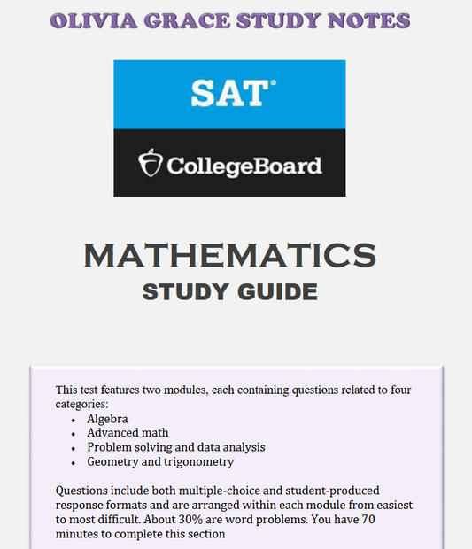 Enhance your exam preparation with our comprehensive SAT MATHEMATICS available at OLIVIA GRACE STUDY NOTES. Perfect for students seeking top grades. Visit oliviagracestudynotes.com to purchase and download now!