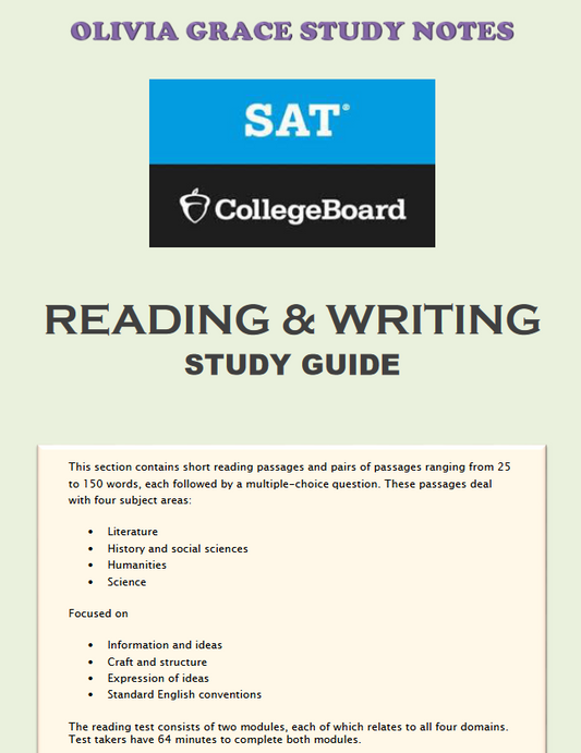 Enhance your exam preparation with our comprehensive SAT READING & WRITING available at OLIVIA GRACE STUDY NOTES. Perfect for students seeking top grades. Visit oliviagracestudynotes.com to purchase and download now!