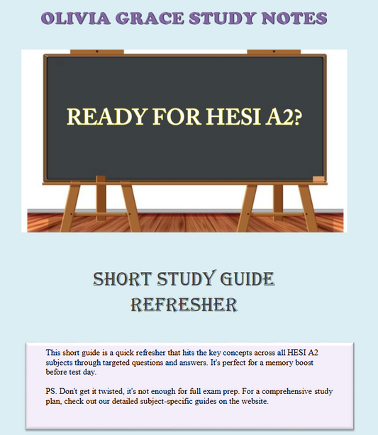 Enhance your exam preparation with our comprehensive HESI A2 SHORT STUDY GUIDE available at OLIVIA GRACE STUDY NOTES. Perfect for students seeking top grades. Visit oliviagracestudynotes.com to purchase and download now!