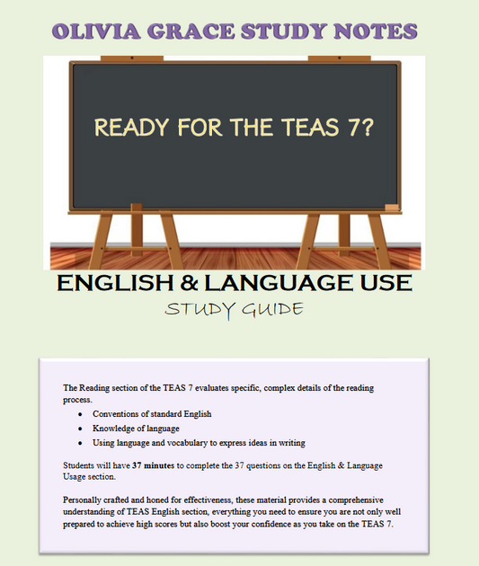 Enhance your exam preparation with our comprehensive ATI TEAS 7 ENGLISH STUDY GUIDE: Nursing School English Mastery available at OLIVIA GRACE STUDY NOTES. Perfect for students seeking top grades. Visit oliviagracestudynotes.com to purchase and download now!