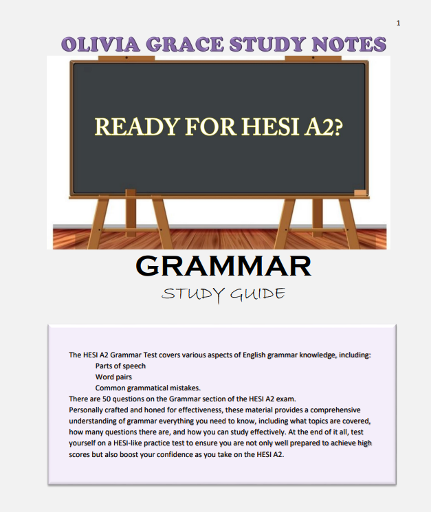 Enhance your exam preparation with our comprehensive HESI A2 GRAMMAR MASTERY available at OLIVIA GRACE STUDY NOTES. Perfect for students seeking top grades. Visit oliviagracestudynotes.com to purchase and download now!